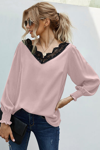 V Neck Lace Patchwork Red Blouse