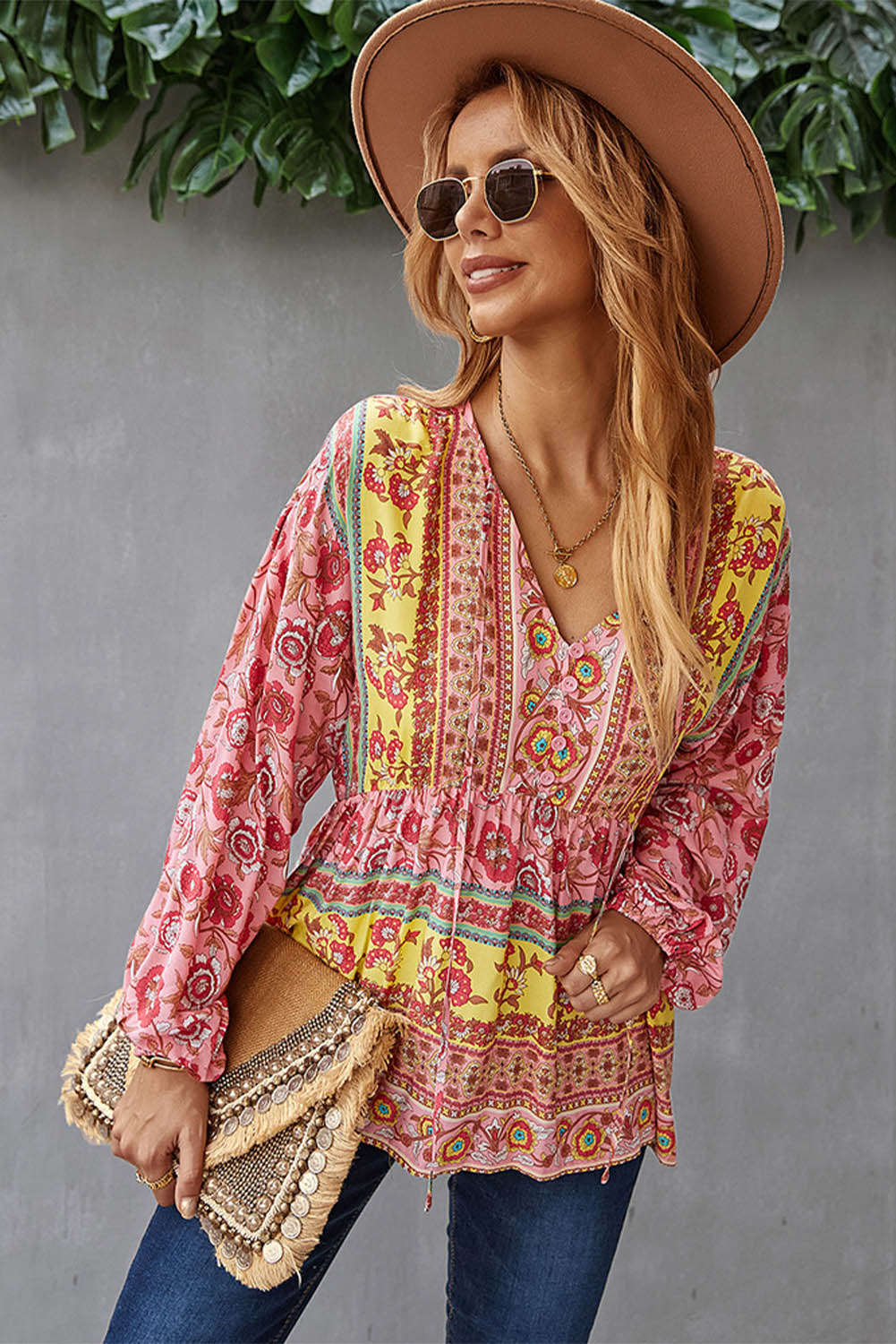 Floral Print Loose Drawstring V Neck Blouse