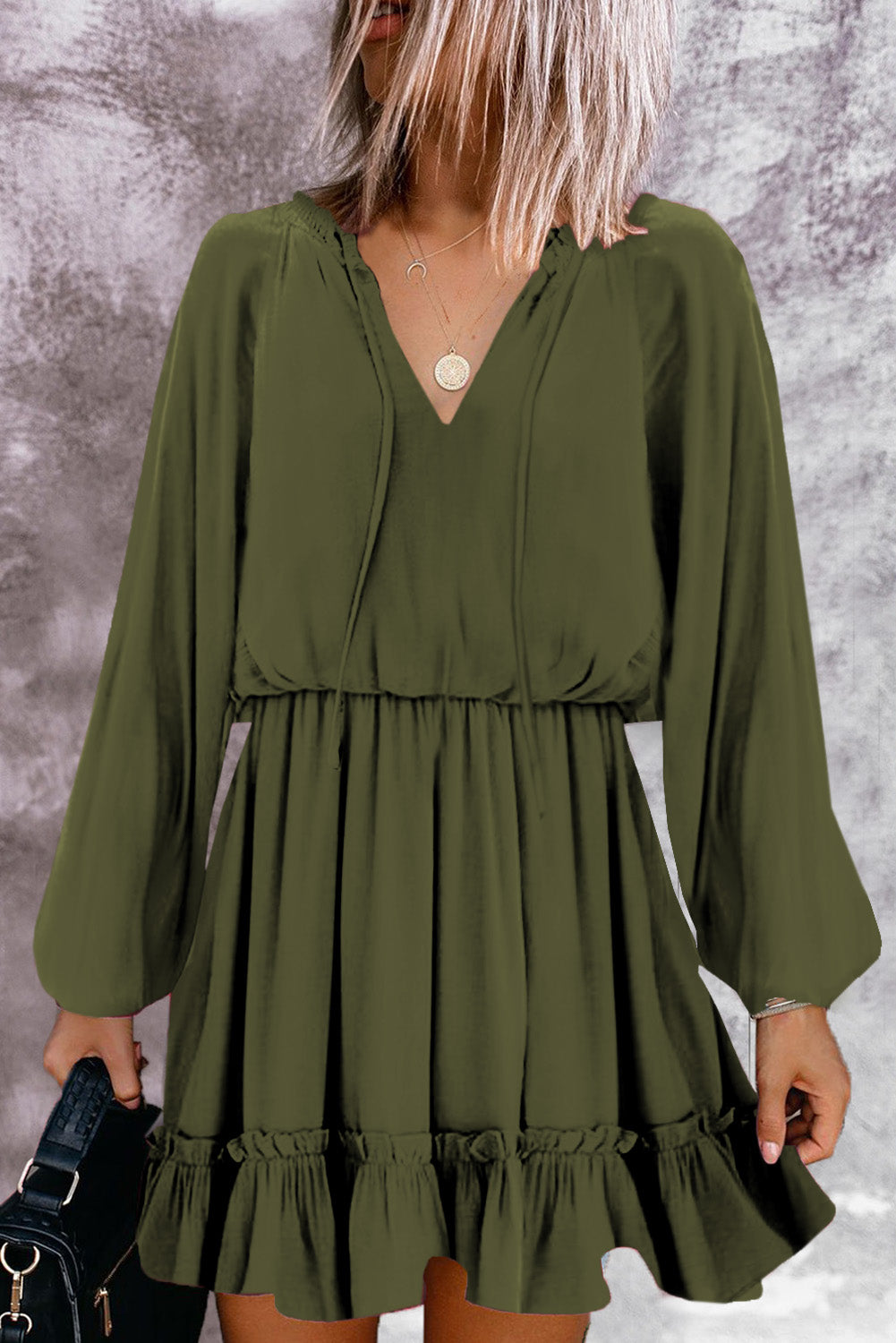 Khaki Bubble Sleeve Split Neck Ruffle Tunic Dress