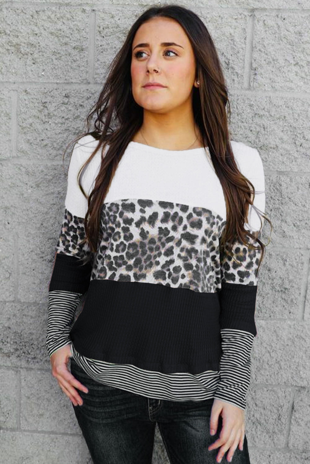 Top de manga larga con estampado de rayas y estampado de leopardo