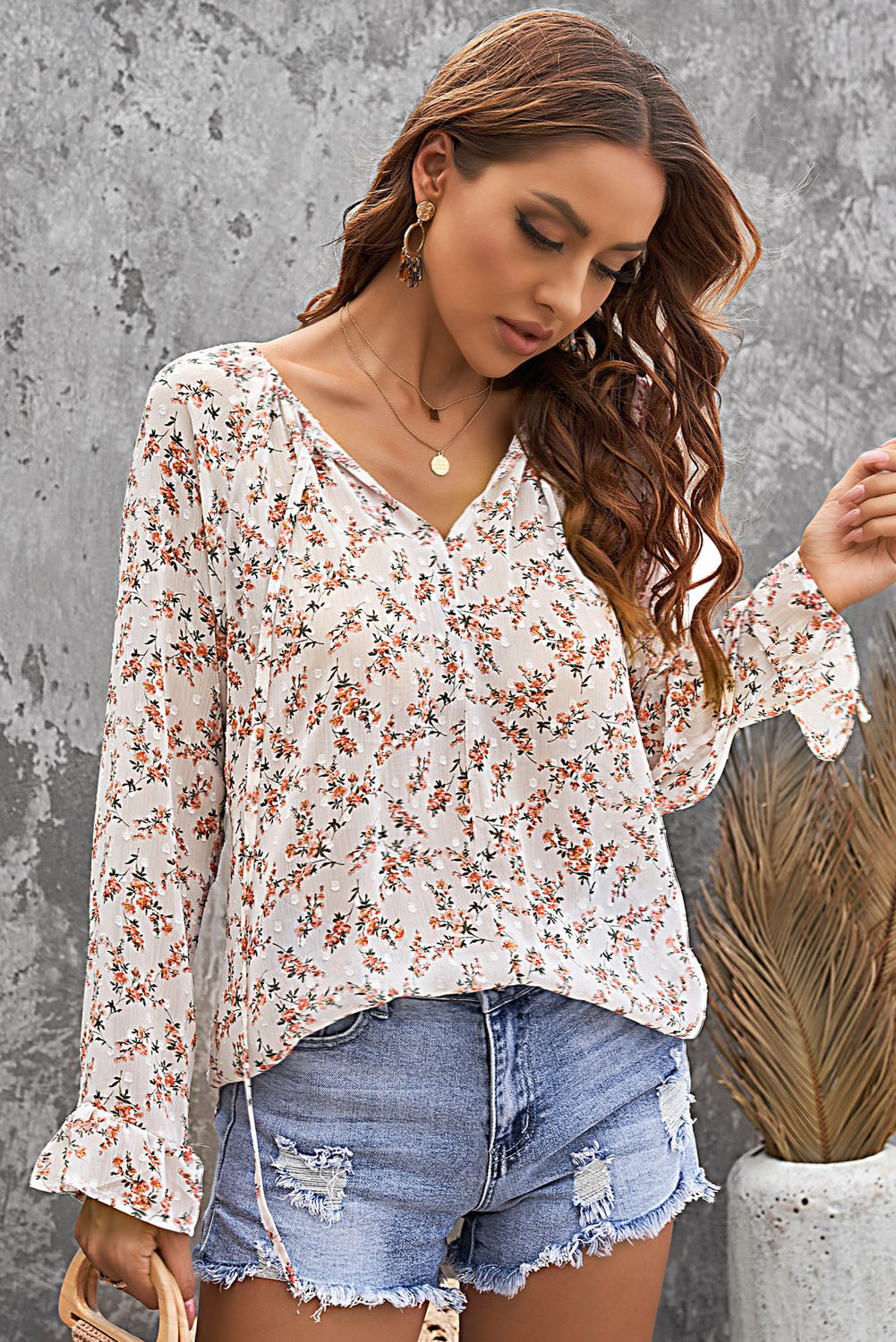 Floral Print Drawstring Long Bell Sleeve Blouse
