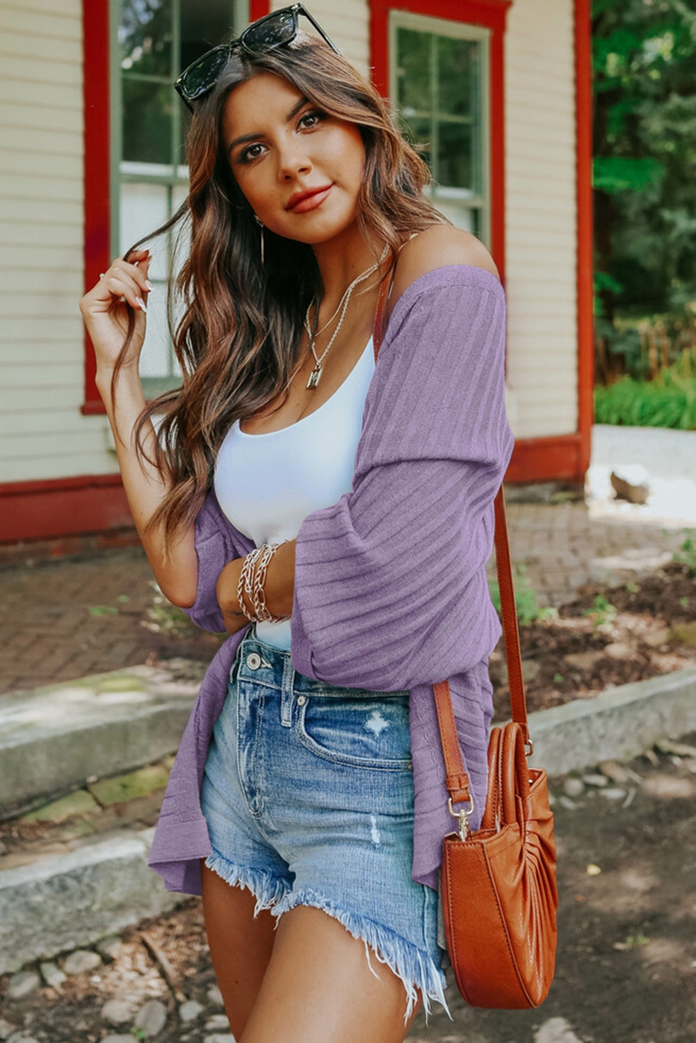 Cárdigan de punto acanalado con frente abierto 