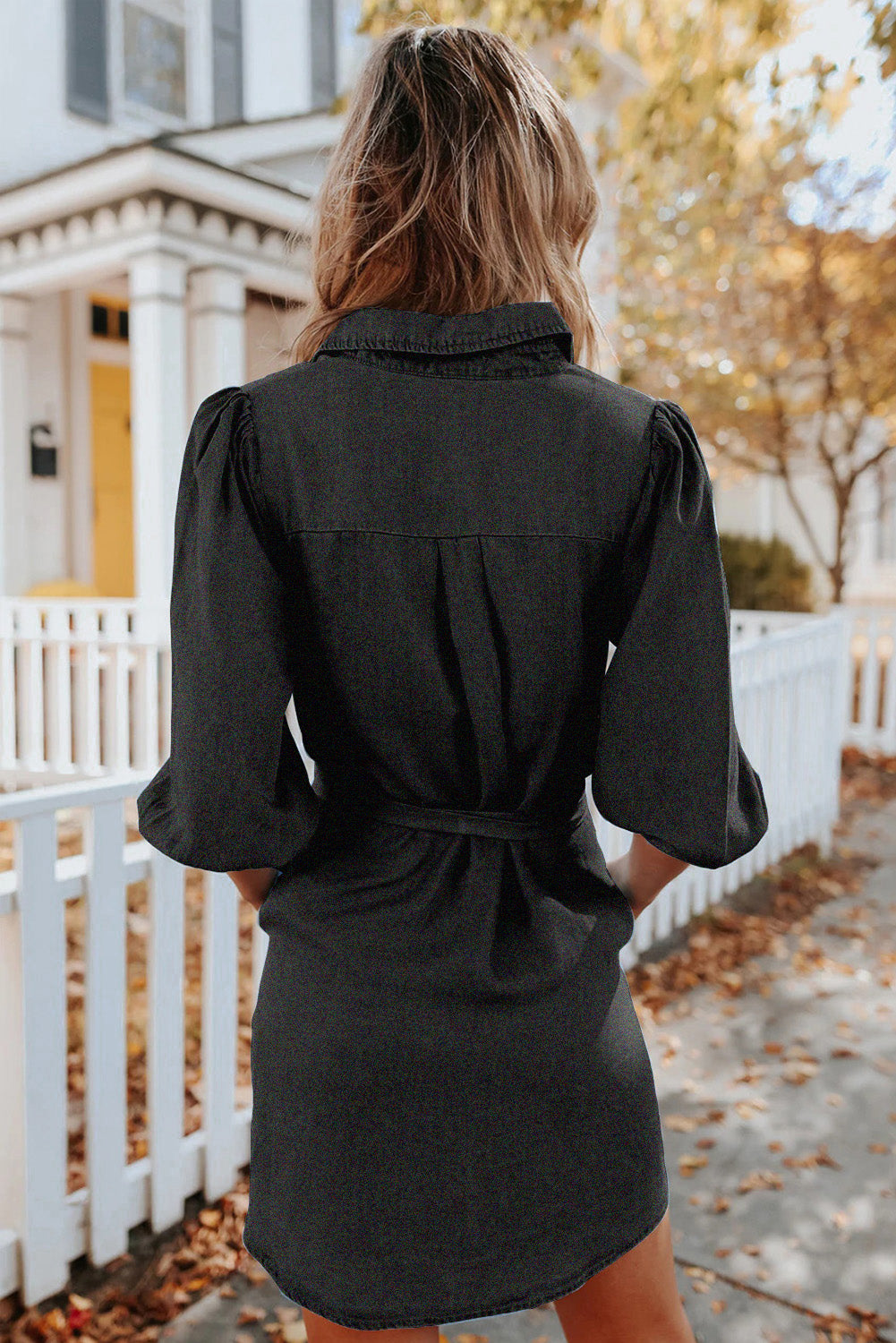 Buttoned Tie Waist Denim Shirt Mini Dress