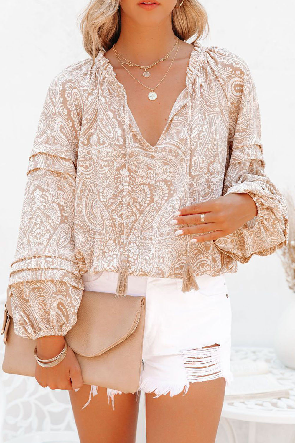 Pattern Print Drawstring Tassel Puff Sleeve Blouse