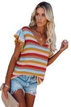 Multi-color Striped Ruffle Short Sleeve Knit Top