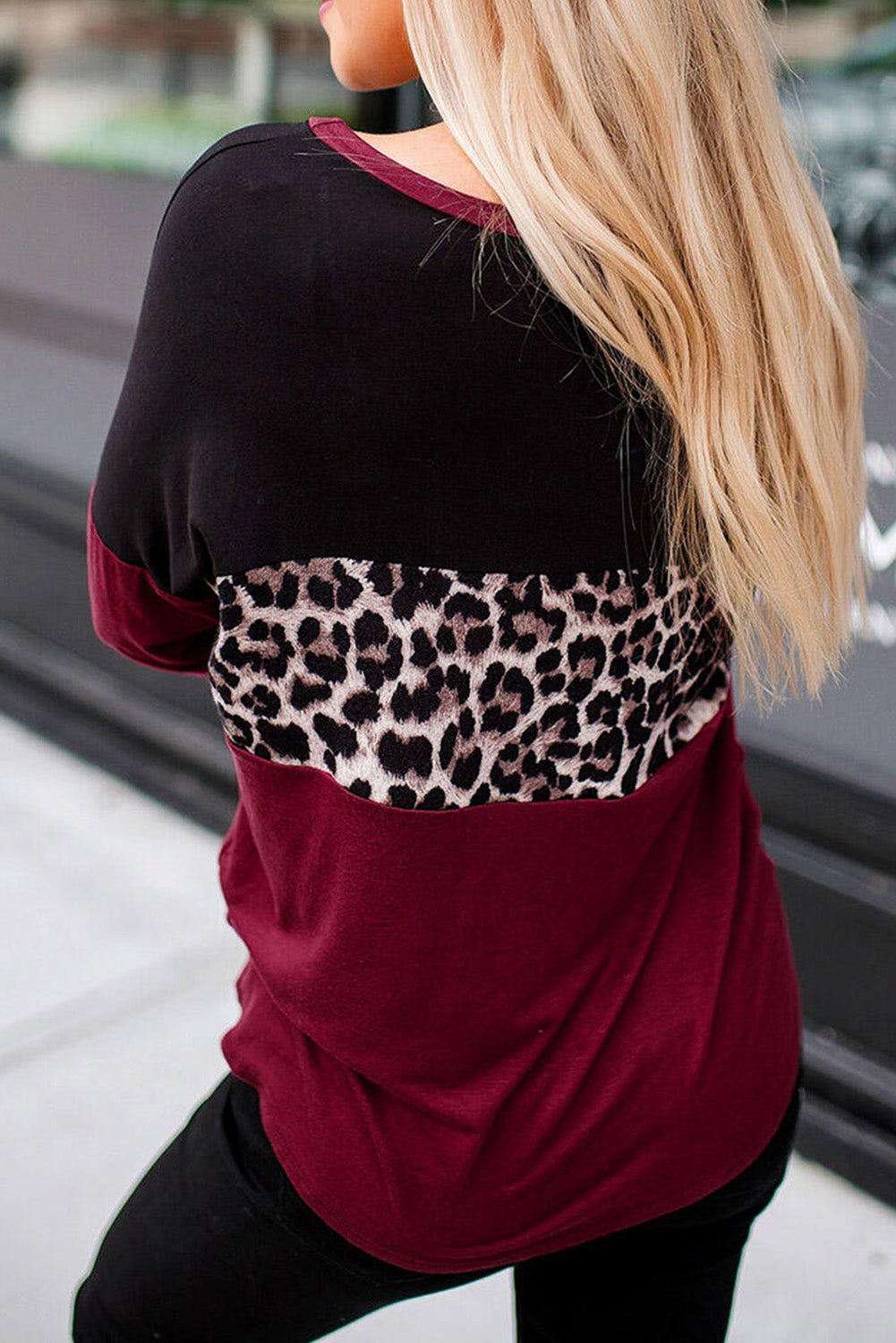 Long Sleeve Leopard Printed Color Block Pullover Blouse