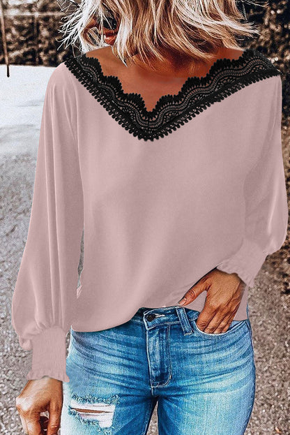 V Neck Lace Patchwork Red Blouse