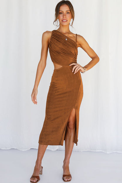 Velvet One Shoulder Sleeveless Cut out Sheath Midi Dress