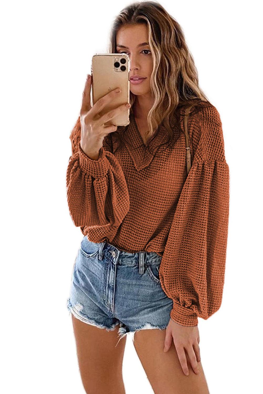 Billowed Sleeve Thermal Knit Top - HannaBanna Clothing