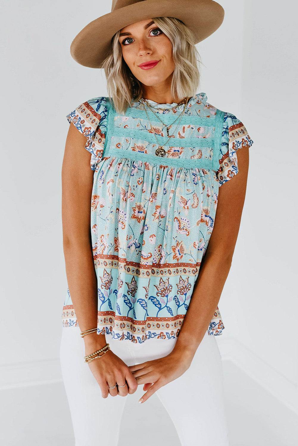 Floral Print Ruffled Crew Neck Sleeveless Top