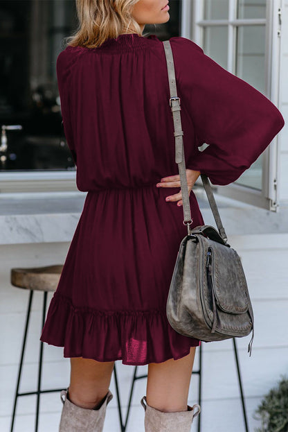 Khaki Bubble Sleeve Split Neck Ruffle Tunic Dress