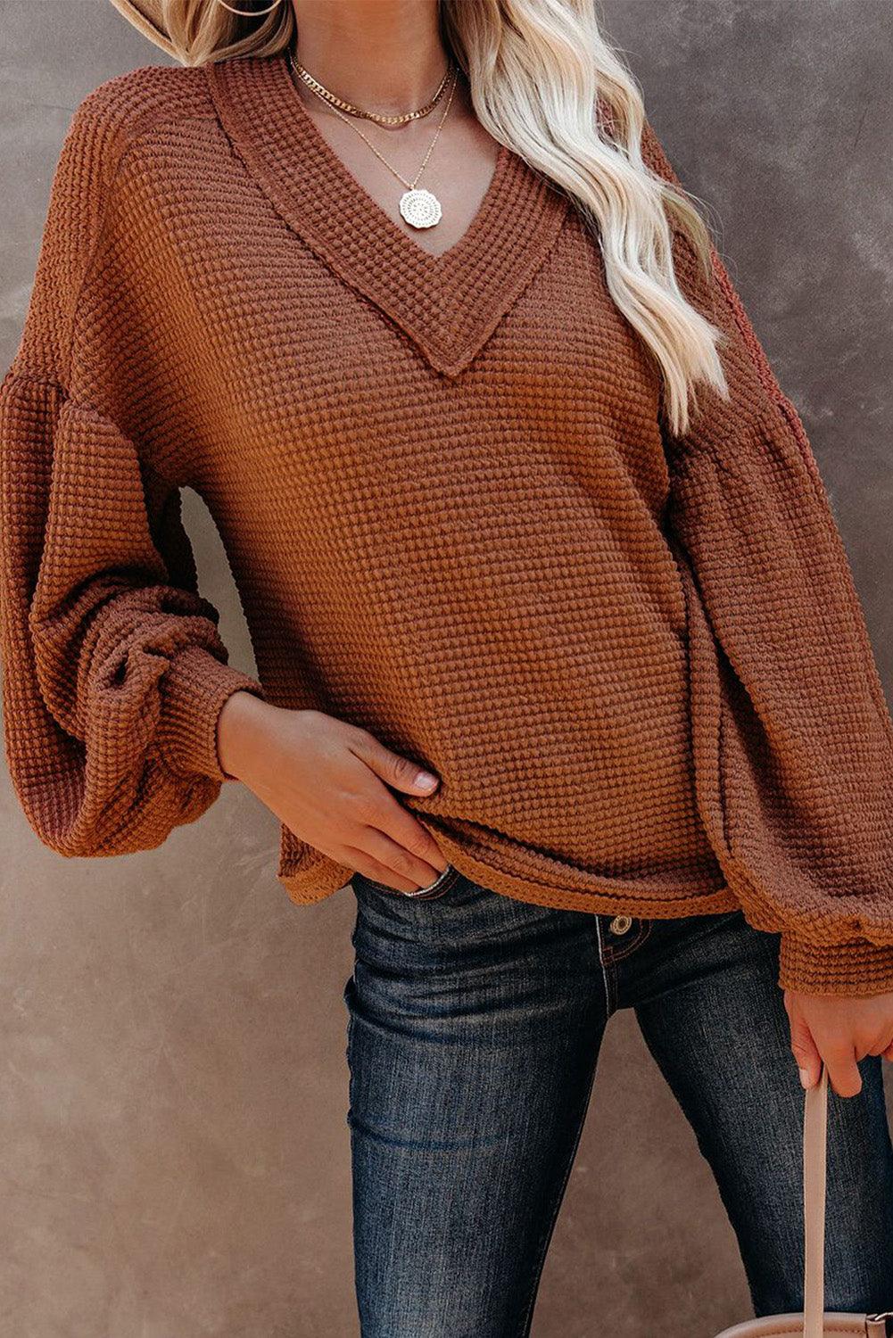 Billowed Sleeve Thermal Knit Top - HannaBanna Clothing