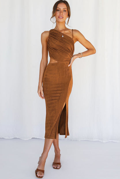 Velvet One Shoulder Sleeveless Cut out Sheath Midi Dress