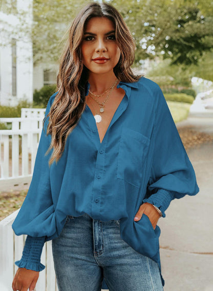 Billowy Sleeves Pocketed Shirt - HannaBanna Clothing