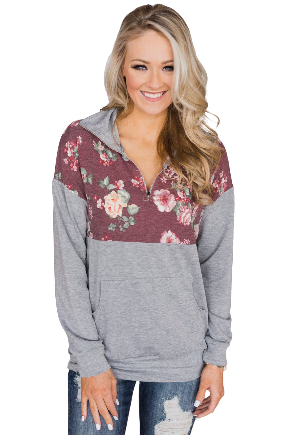 Sweat-shirt à col zippé et poche kangourou rose à imprimé floral