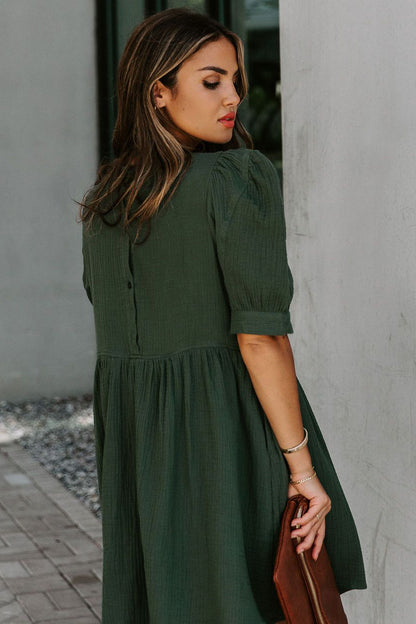 Pocketed Puff Sleeve Empire Waist Swing Short Dress