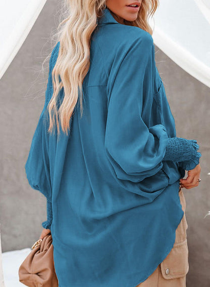 Billowy Sleeves Pocketed Shirt - HannaBanna Clothing