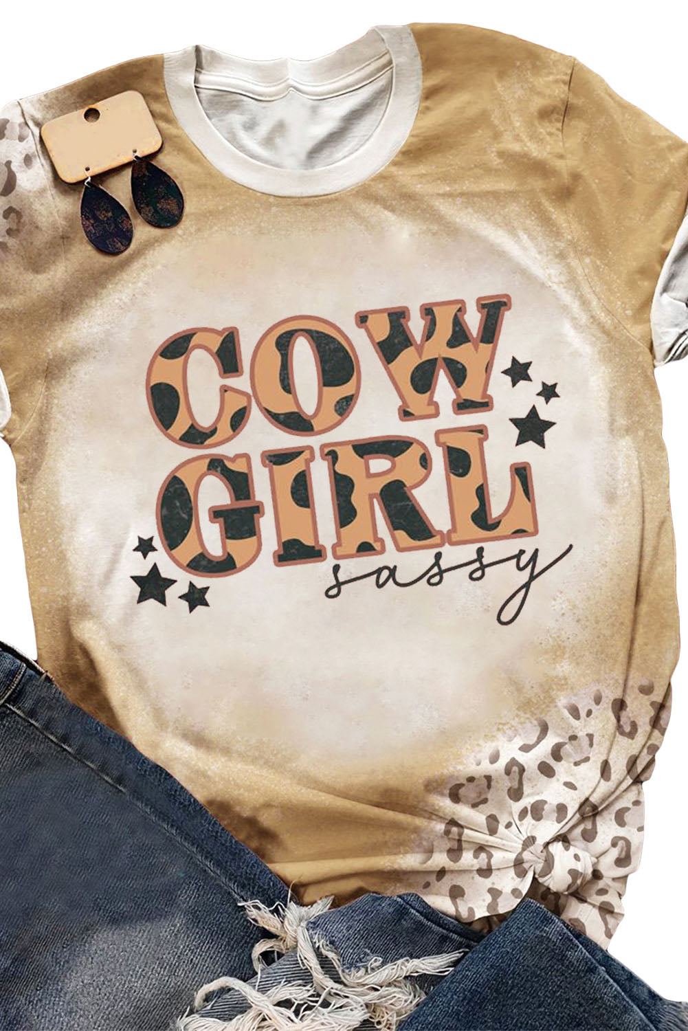 T-shirt kaki à manches courtes imprimé léopard et vache COWGIRL