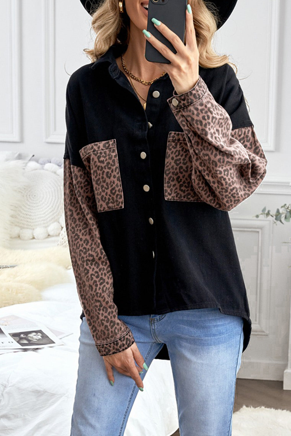Sky Blue Contrast Leopard Denim Jacket