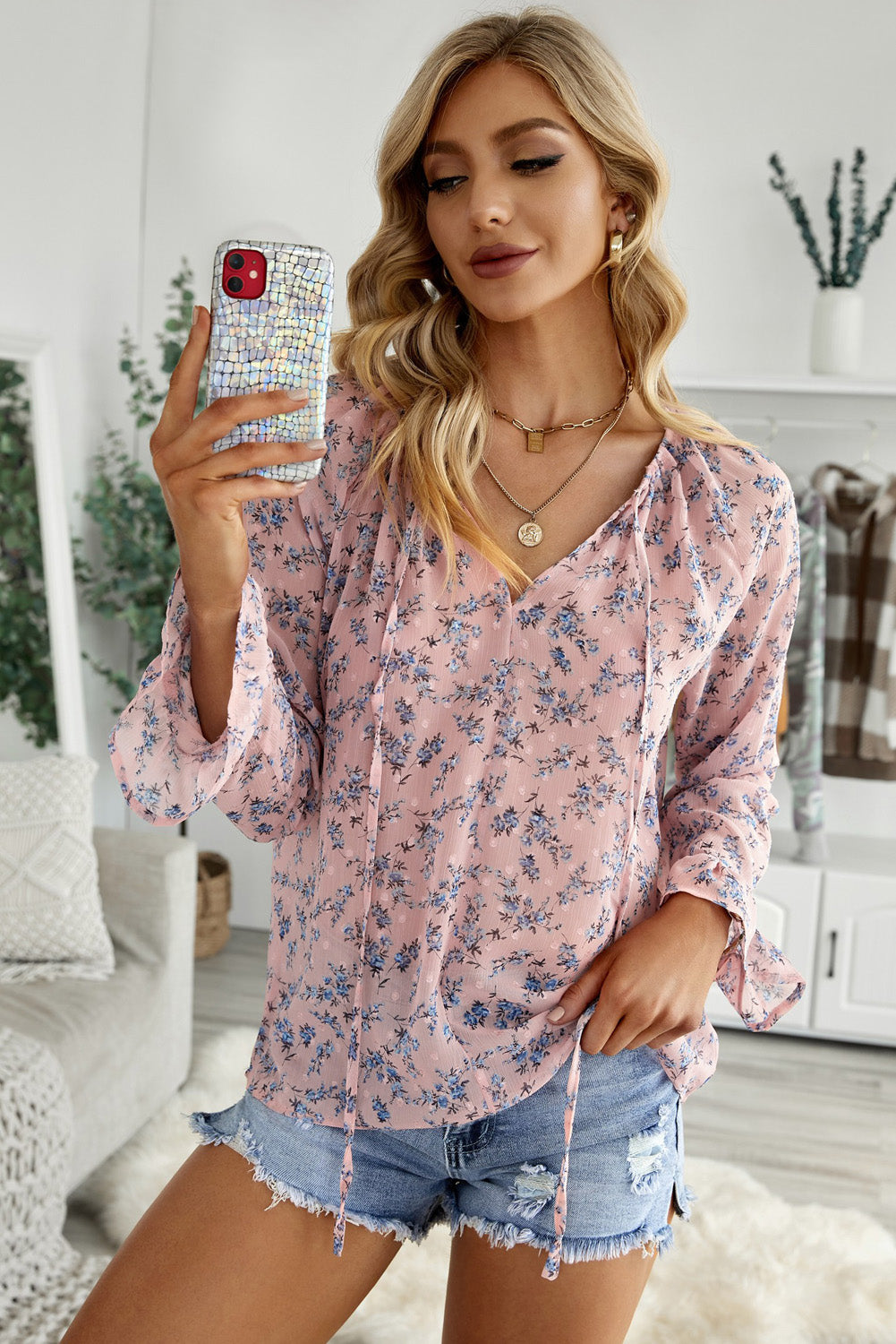 Floral Print Drawstring Long Bell Sleeve Blouse