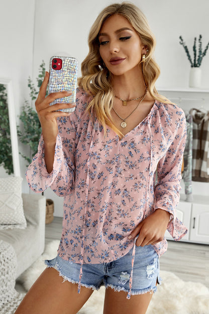 Floral Print Drawstring Long Bell Sleeve Blouse