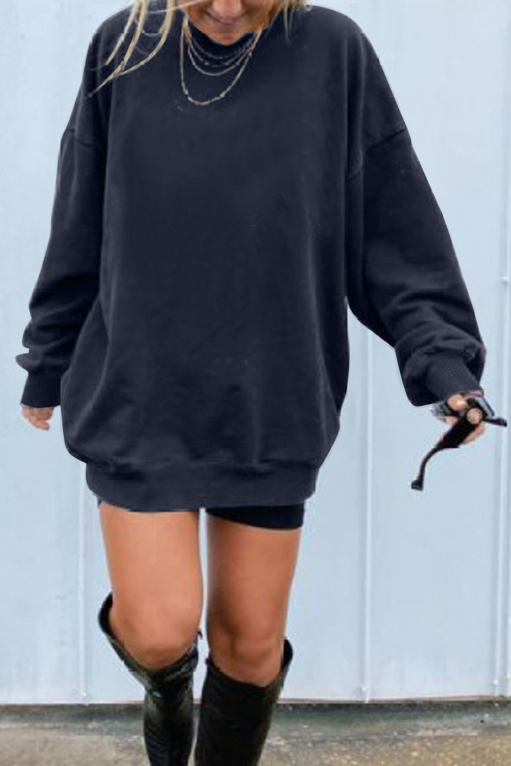 Dark Blue Oversized Solid Drop Shoulder Sweatshirt