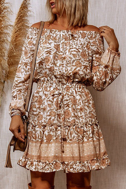 Off The Shoulder Tie Waist Ruffled Floral Dress