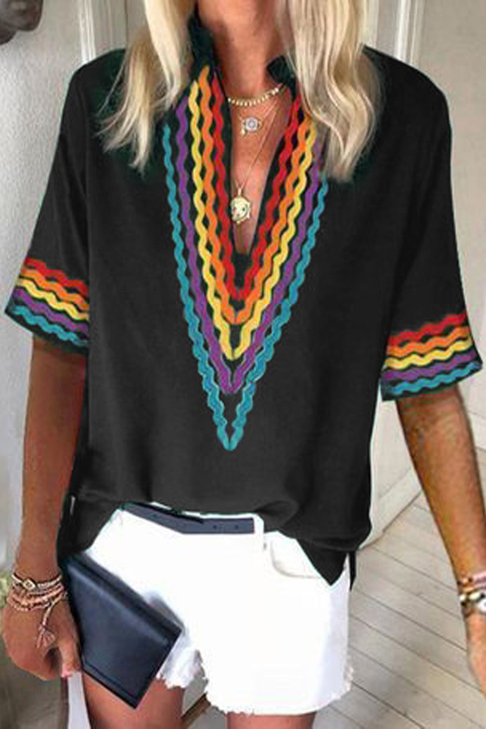 Haut à manches courtes à blocs de couleurs ethniques
