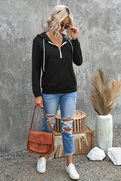 Sweat à capuche à manches longues et demi-fermeture éclair avec poche 