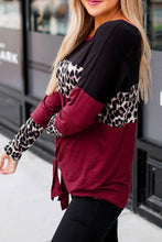 Long Sleeve Leopard Printed Color Block Pullover Blouse