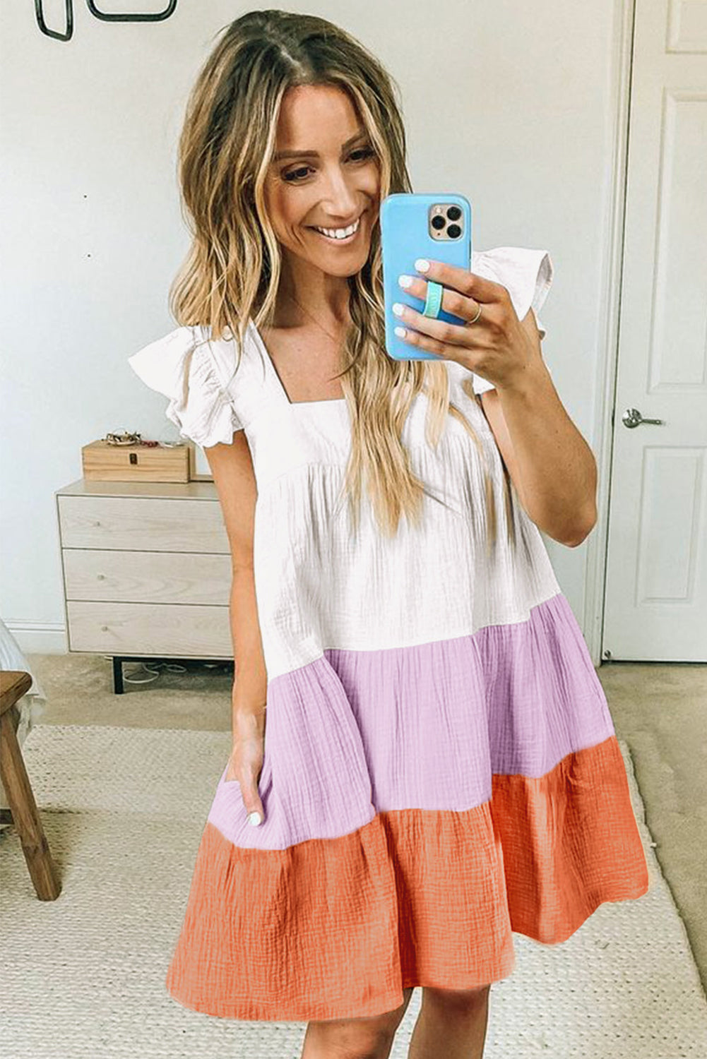 Multicolor Square Neck Triple Color Block Tiered Babydoll Dress