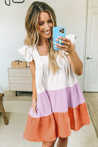 Multicolor Square Neck Triple Color Block Tiered Babydoll Dress