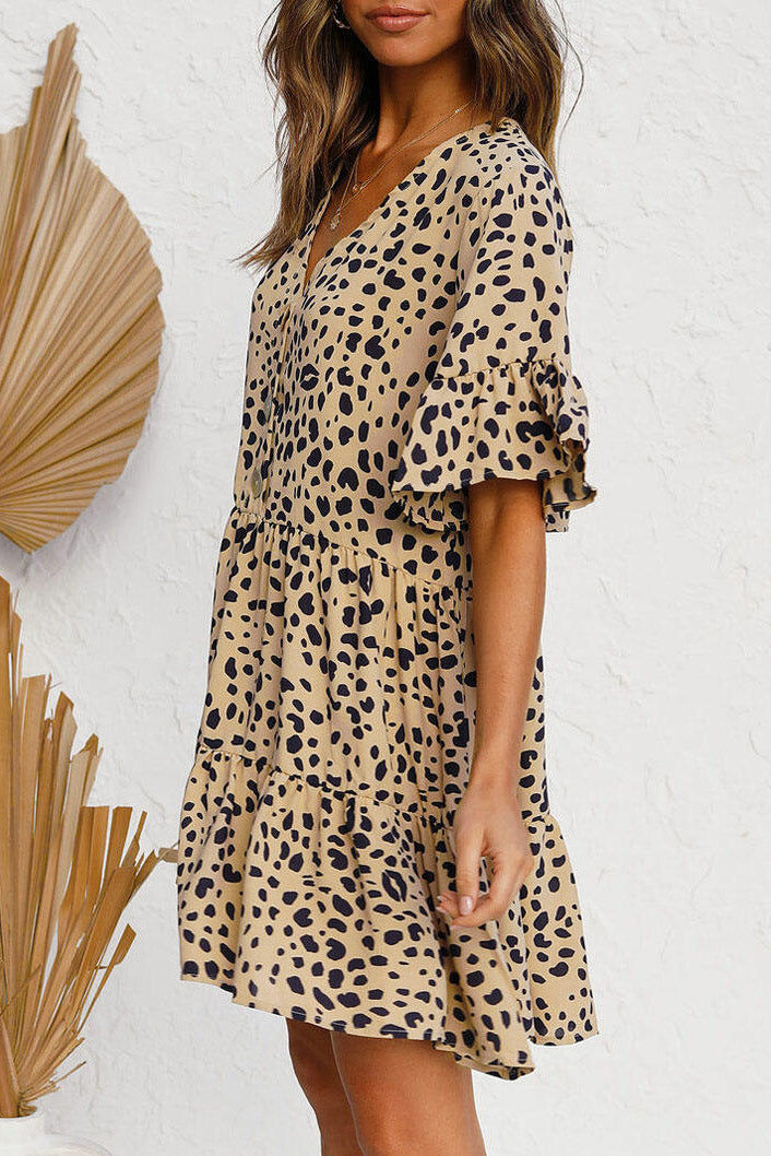 V Neck Ruffled Mini Dress with Buttons