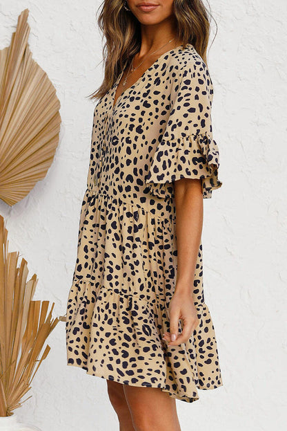 V Neck Ruffled Mini Dress with Buttons