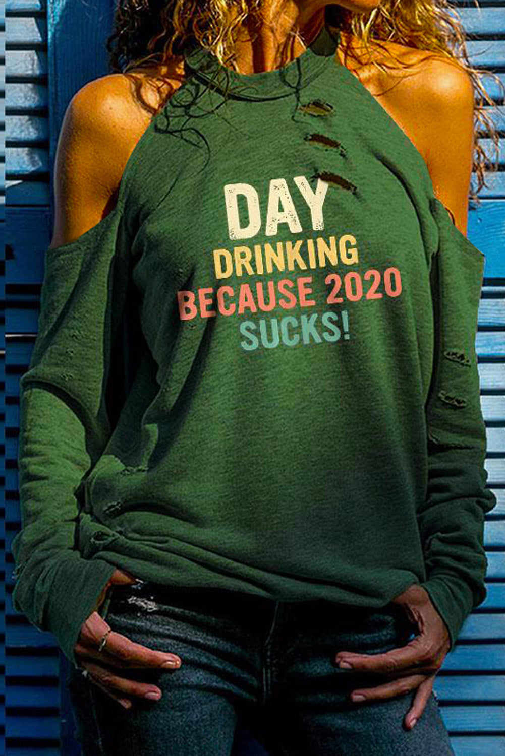 maybe drinking will help Print Cold Shoulder Cut-out Long Sleeve Top