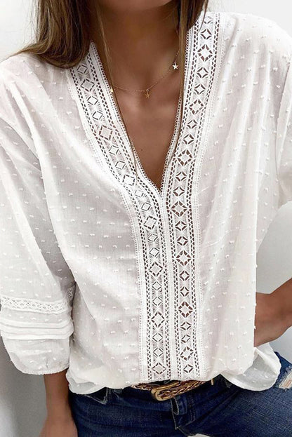 V Neck 3/4 Sleeve Swiss Dot Casual Shirt