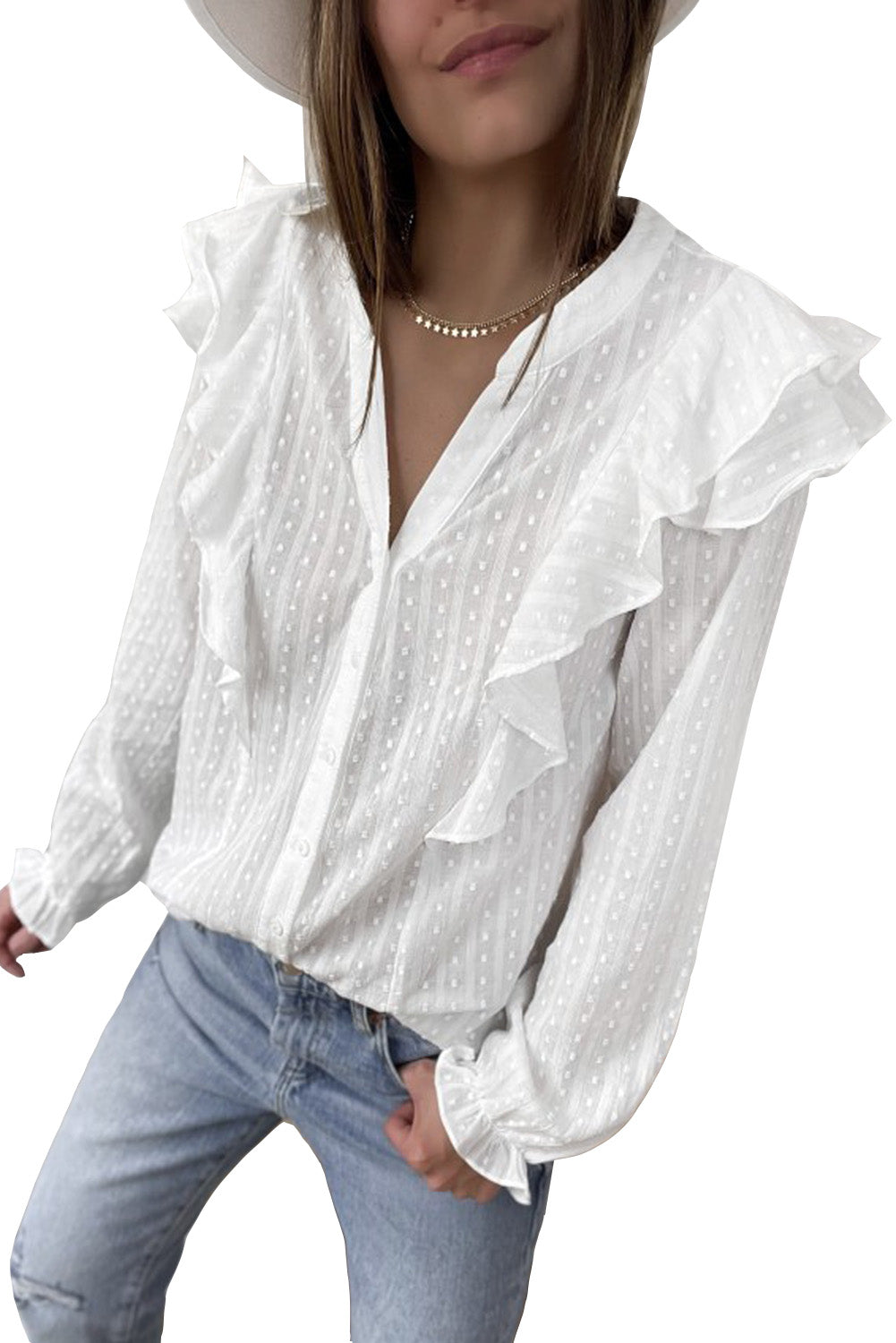 Camisa con mangas de burbujas y volantes transparentes con textura punteada