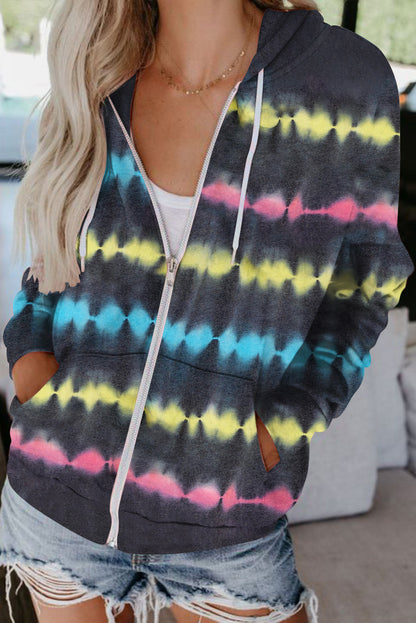 Multicolor Tie-Dyed Zipper Pocket Drawstring Hooded Jacket