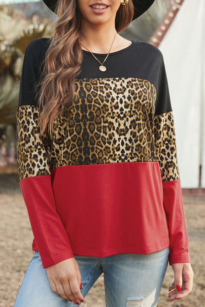 Colorblock Leopard Patchwork Long Sleeve Top