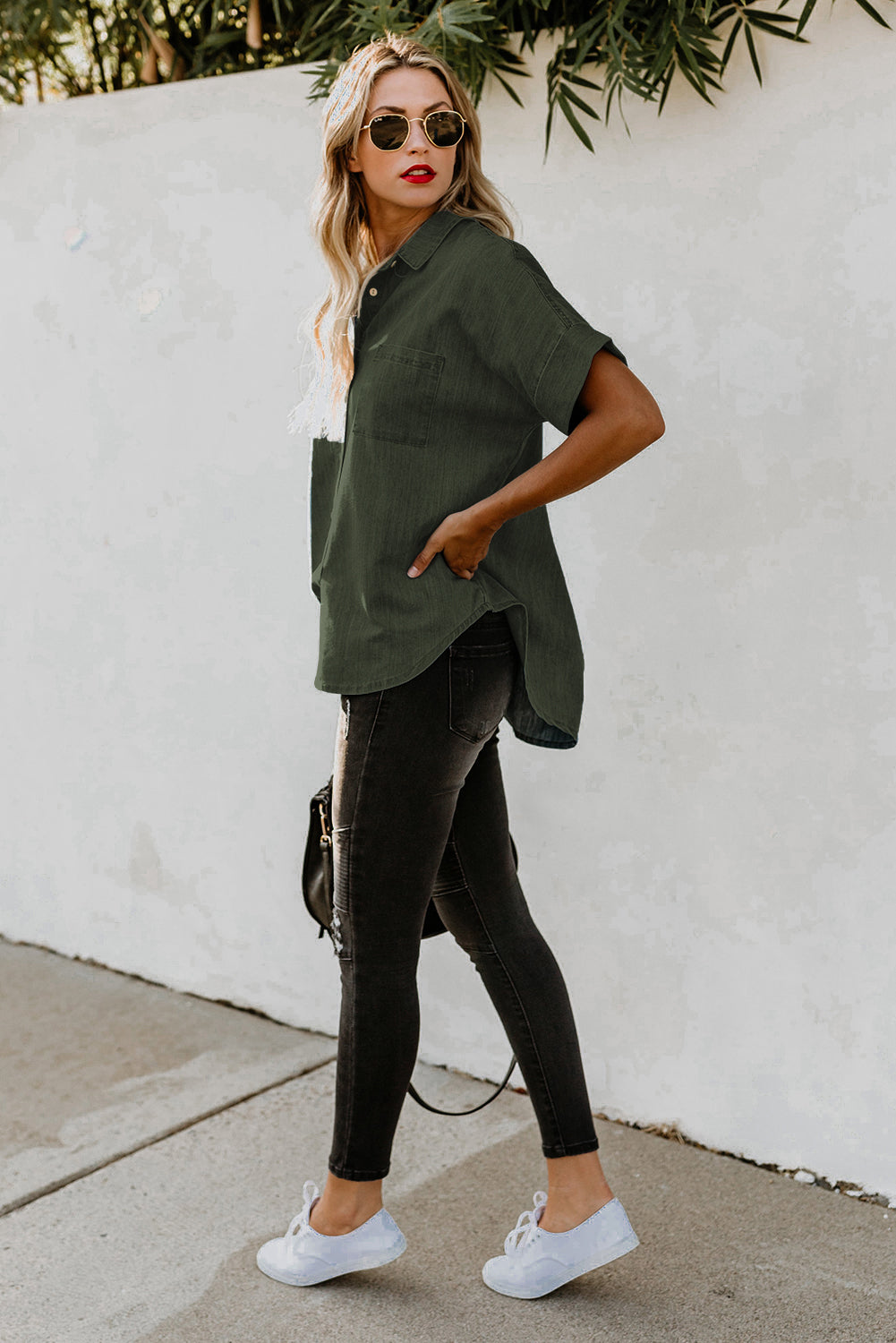 Chemise en jean à manches courtes et col rabattu 