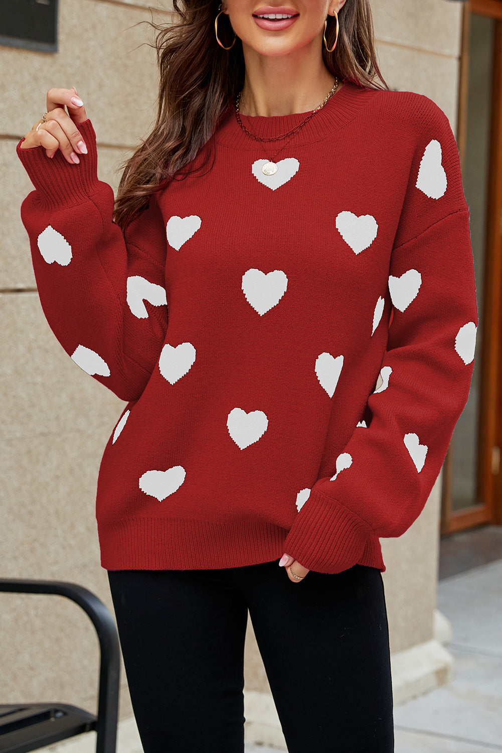 Heart Pattern Ribbed Trim Knit Sweater