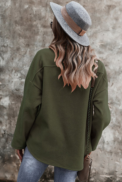 Army Green Turn Down Collar Pocket Button Closure Warm Coat