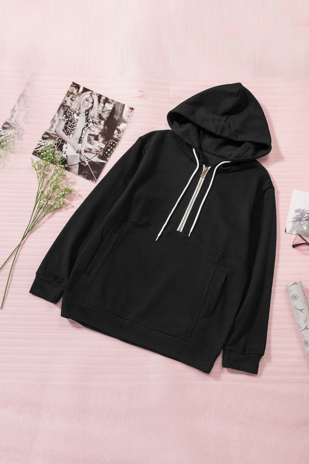 Sweat à capuche à manches longues et demi-fermeture éclair avec poche 