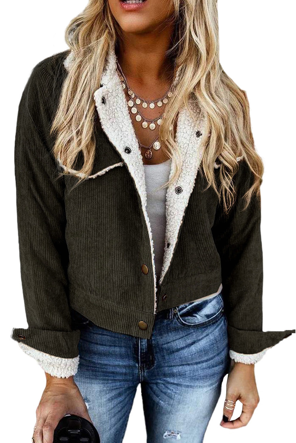 Chaqueta de pana con forro de sherpa verde militar