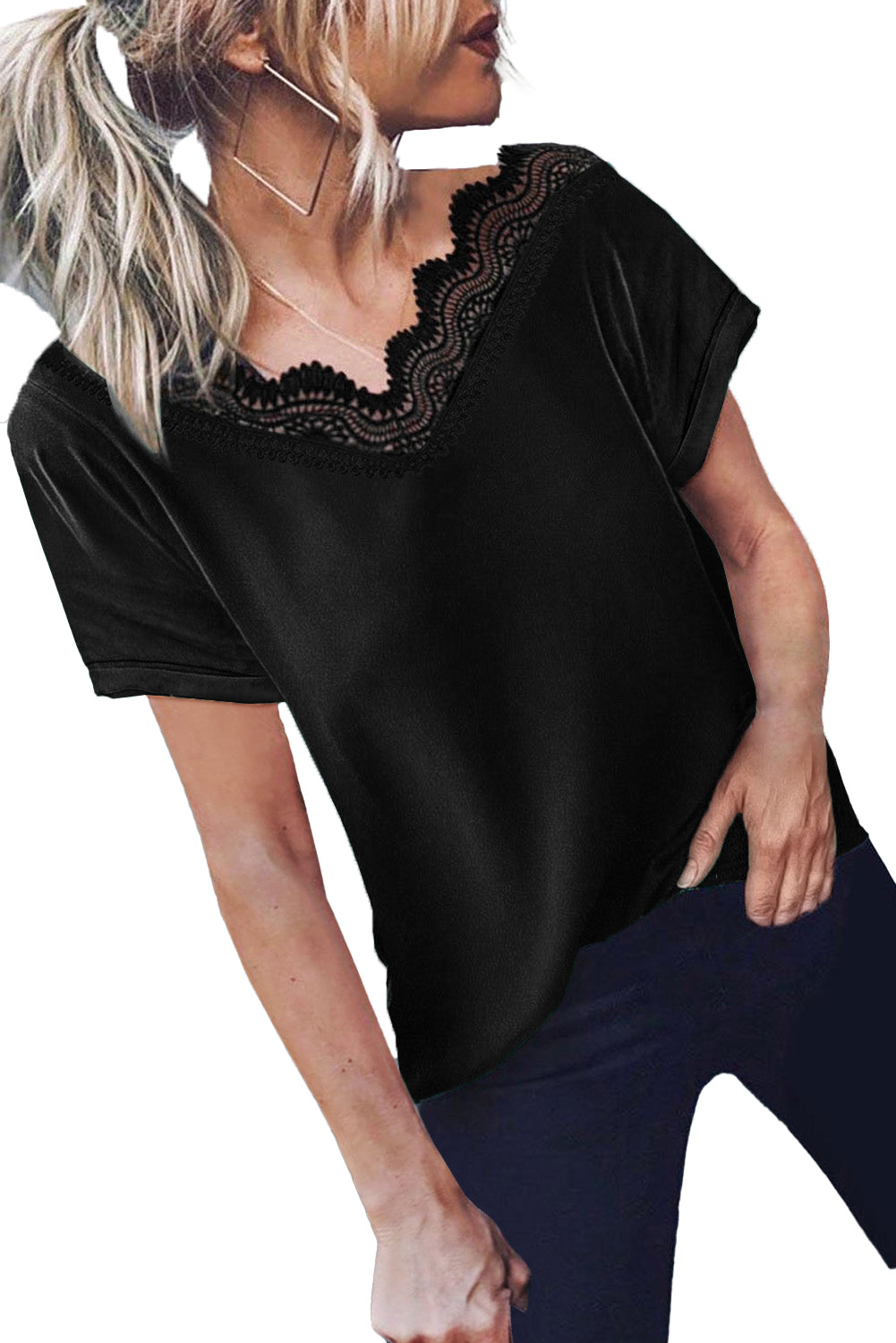 Wine Lace V Neck Short Sleeve T-shirt