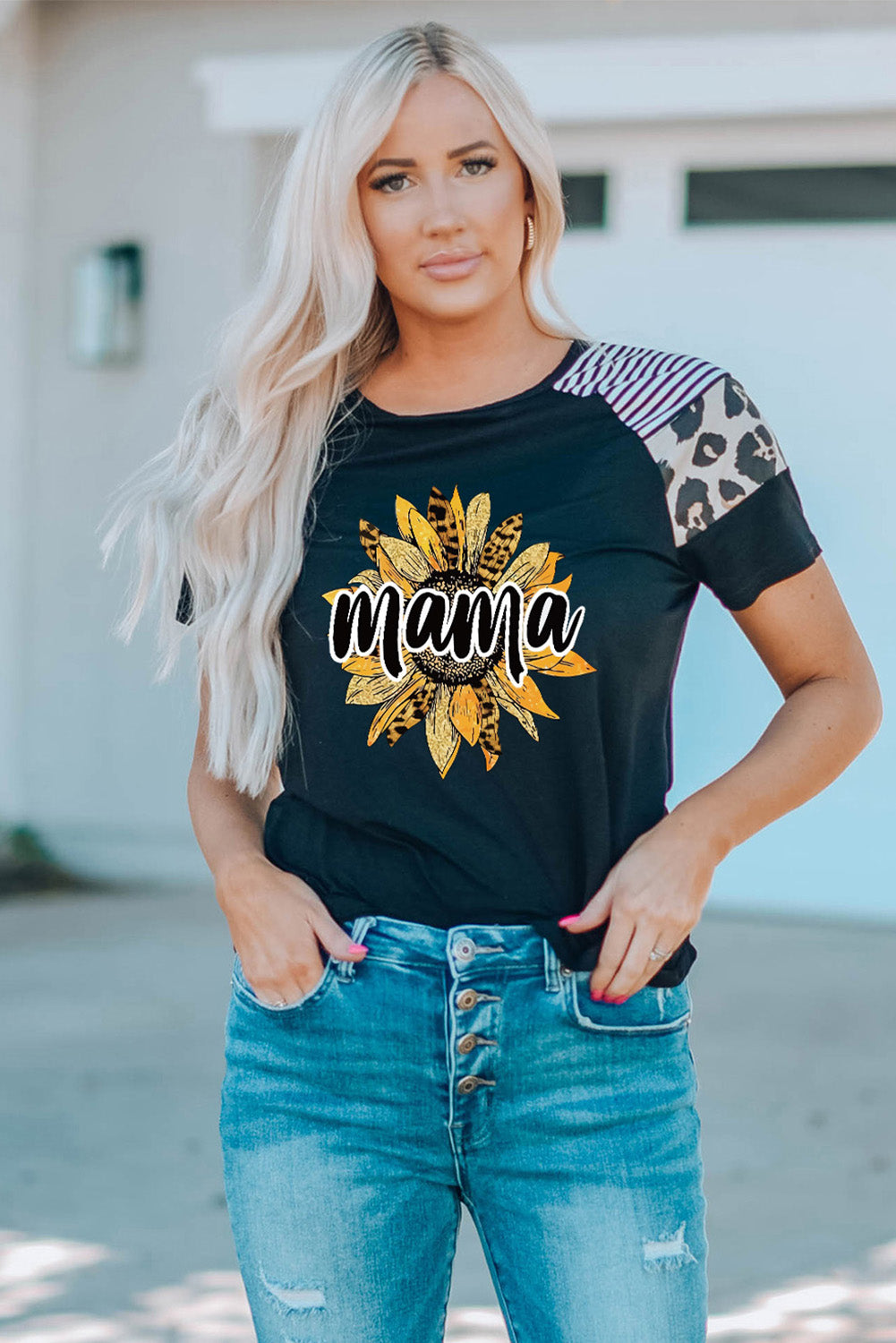 Camiseta de mujer de manga corta con estampado de leopardo a rayas