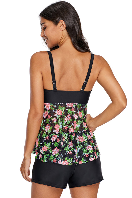 Floral Lacy Skirted Bandeau Tankini Top
