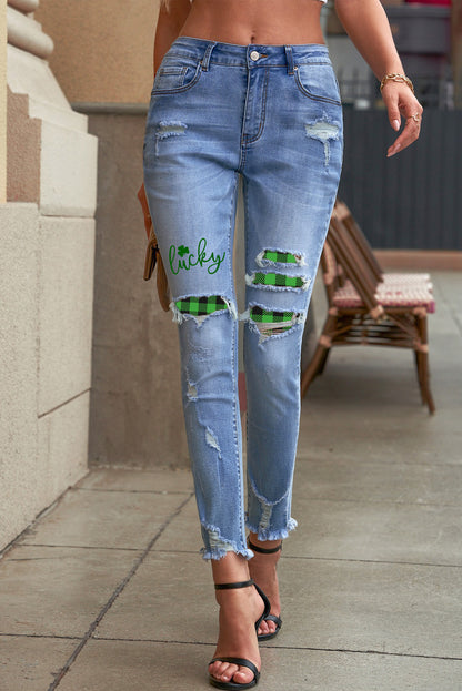 Jeans ajustados al tobillo desgastados con lavado medio