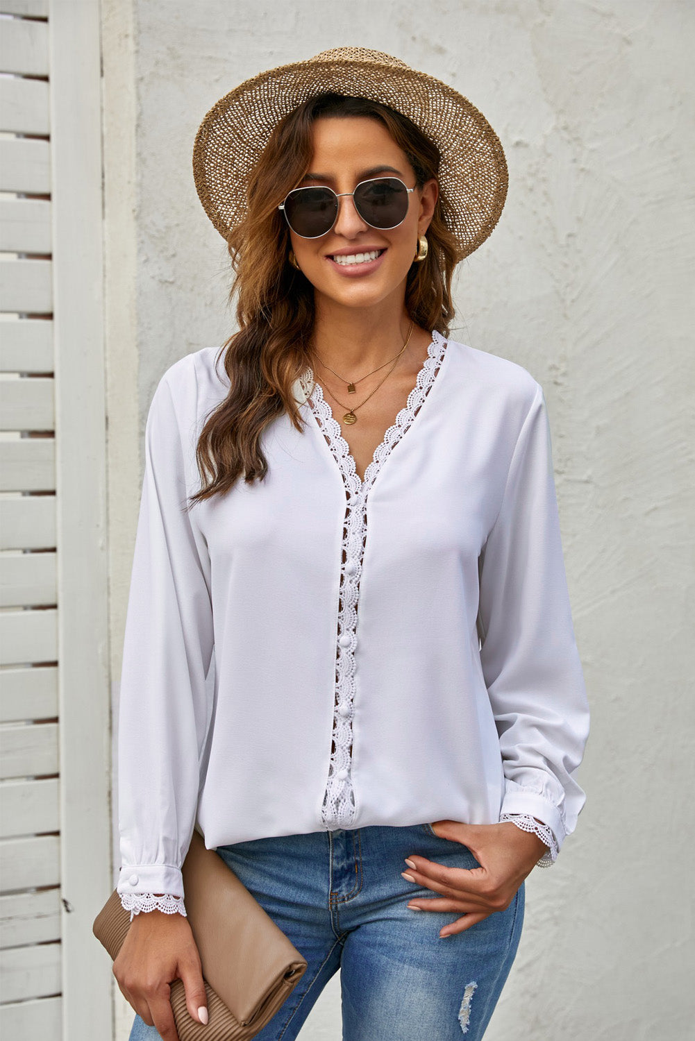 Lace Crochet Buttoned Long Sleeve Shirt