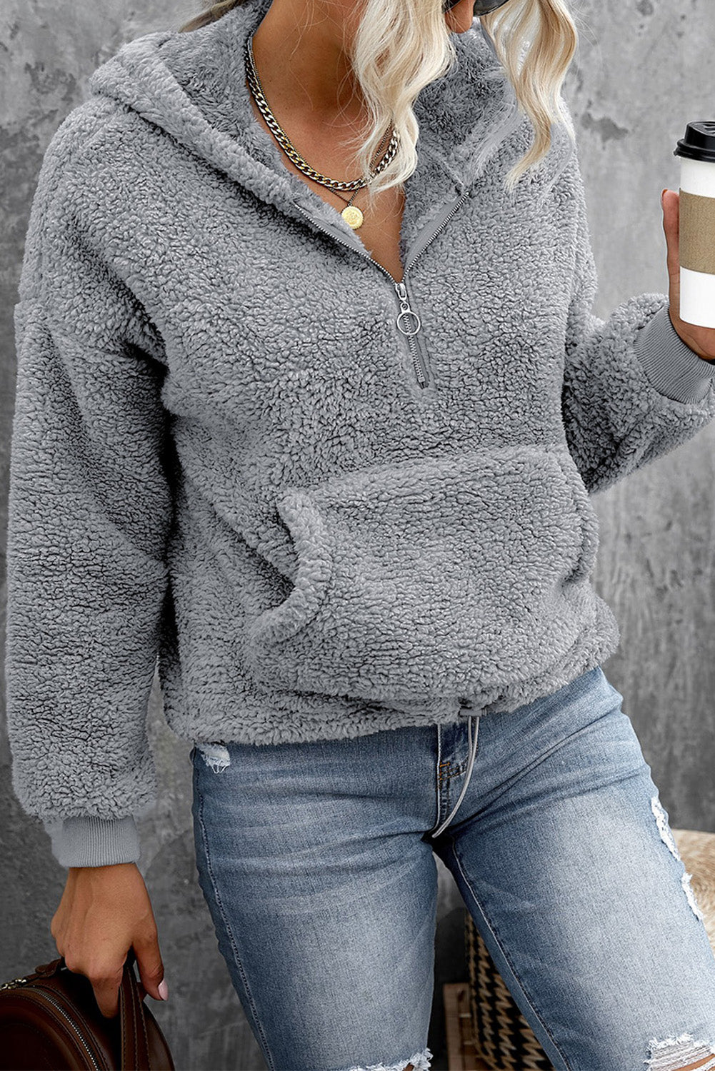 Sweat-shirt à capuche zippé 1/4 en sherpa avec kangourou